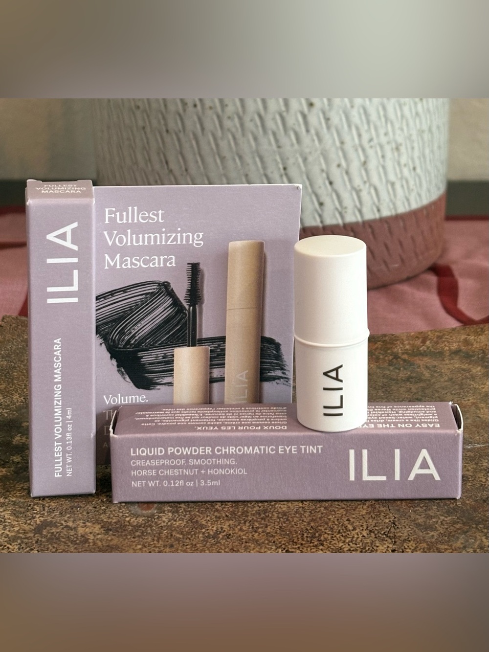 ILIA Mini Volume Mascara, Mini Multi-Stick and Full Size Liquid Shadow Trio